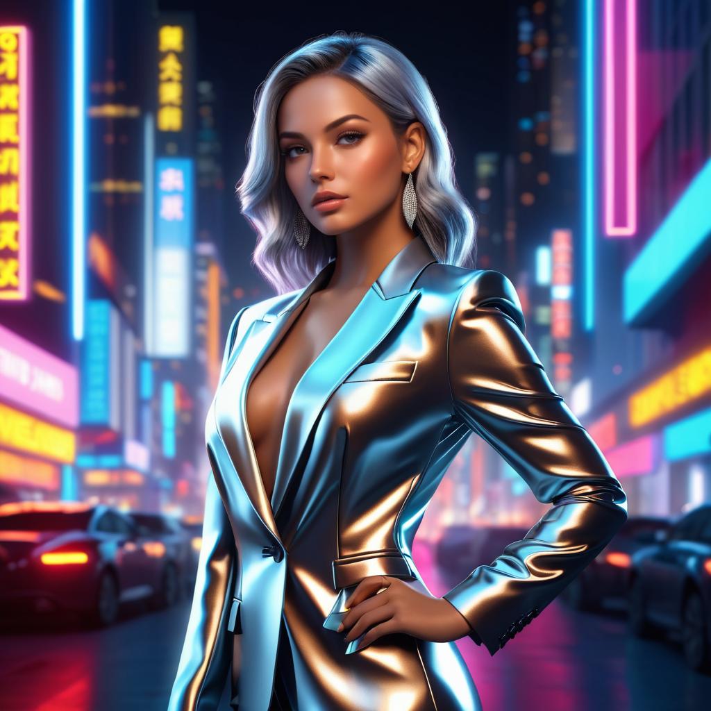 Neon City Elegance: 3D Silver Suit