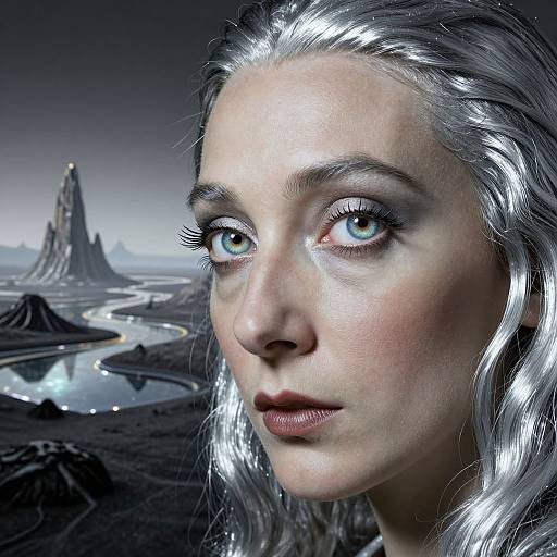 CGI portrait of a pale-skinned woman with silver hair, blue eyes, and subtle makeup, set against a surreal, rocky landscape with a reflective