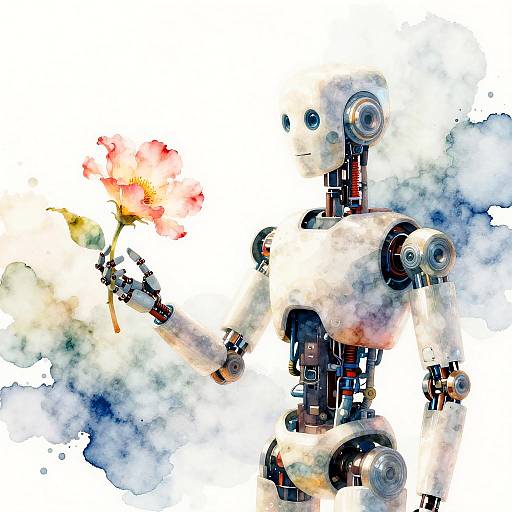 Digital watercolor of a white, robotic figure holding a vibrant red flower, with blue and gray splashes on a white background.