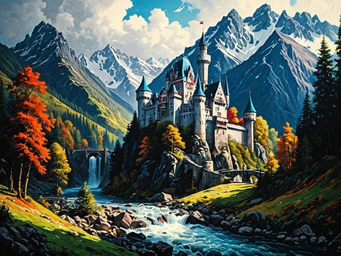 Vibrant Mountain Castle Fantasy Wallpaper