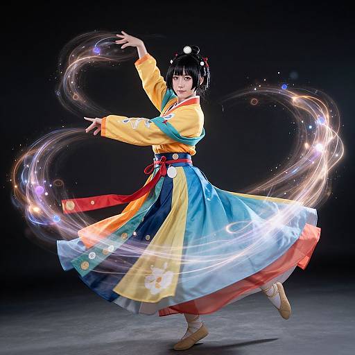 Digital anime-style drawing of a black-haired woman in a colorful traditional Korean hanbok, performing a dynamic, glowing light dance against a dark background.