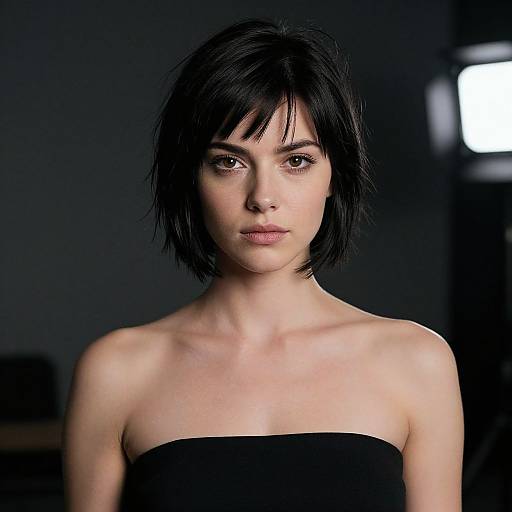 Photograph of a pale-skinned woman with short black hair, wearing a black strapless top, standing against a dark, blurred background with a bright