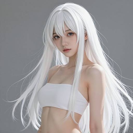Digital CGI portrait of an anime-style young woman with long, white hair, pale skin, and blue eyes, wearing a white tube top, against a