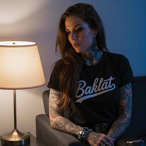 Tattooed Woman by Lamp with Blue Light