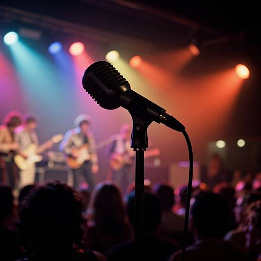 Photograph of a live band performing on stage with colorful lights, foreground featuring a close-up of a microphone stand, blurred audience in the background.