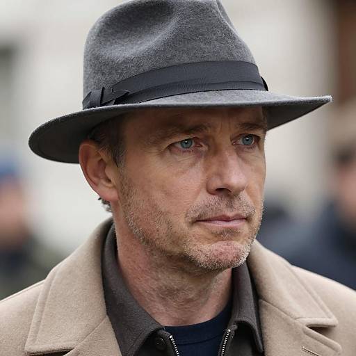 Middle-aged man in grey fedora and beige coat
