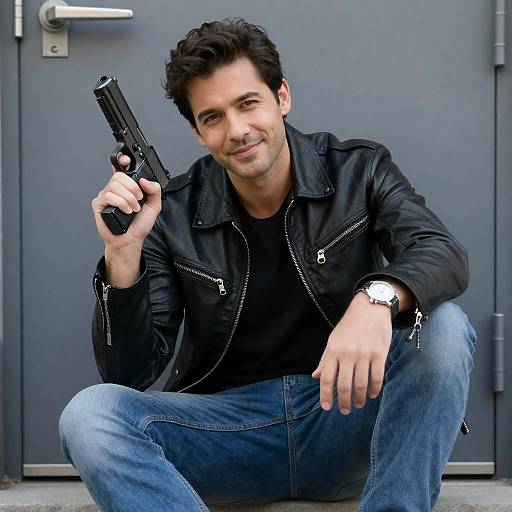 Casual Rebel: Man with Handgun Portrait