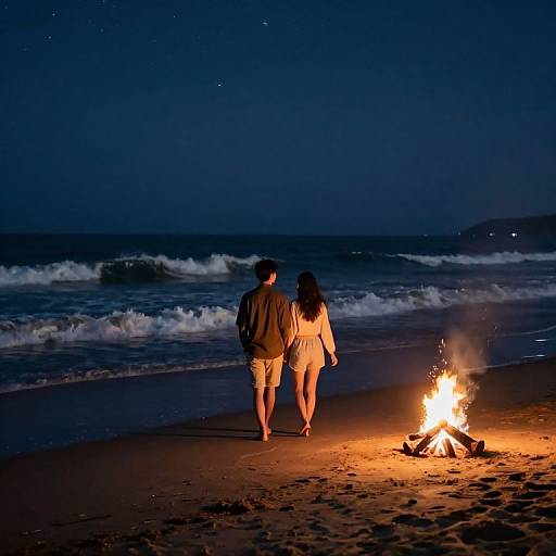 Couple's Night Beach Campfire Stroll
