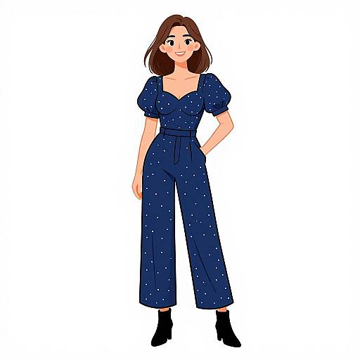 Digital illustration of a smiling woman with brown hair, wearing a navy blue polka dot jumpsuit, puffed short sleeves, and black ankle boots,