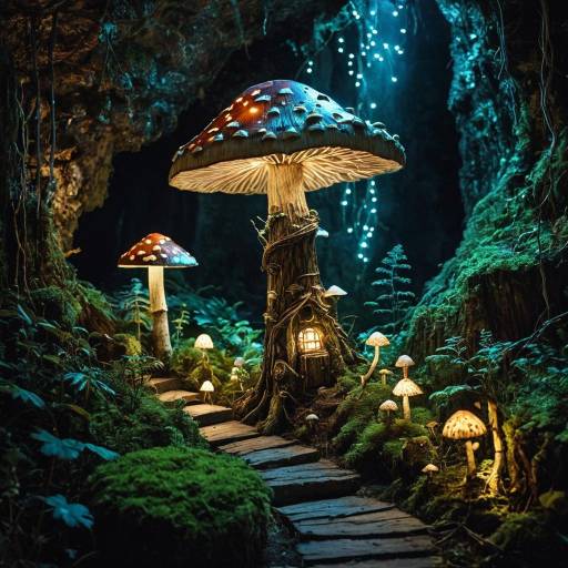 Whimsical Mushroom Guardian in Glowing Cavern