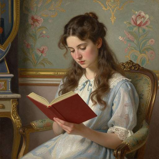 Photograph-style painting of a young woman with long, wavy brown hair reading a red book in a floral-patterned room.