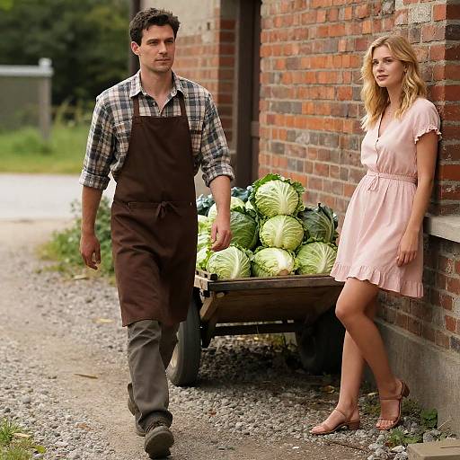 Man and Woman with Cabbage Cart by Brick Wall