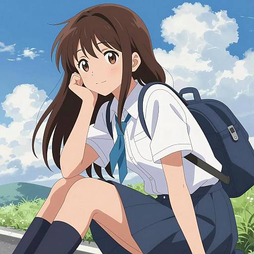 Anime Schoolgirl with Backpack Outdoors