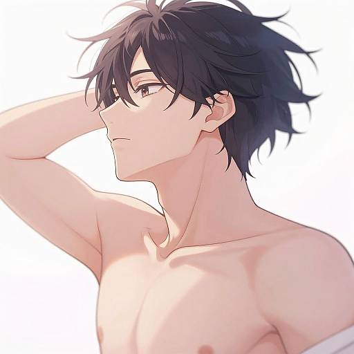 Anime-style digital drawing of a shirtless young man with black, messy hair, pale skin, and a contemplative expression, raising his right arm against