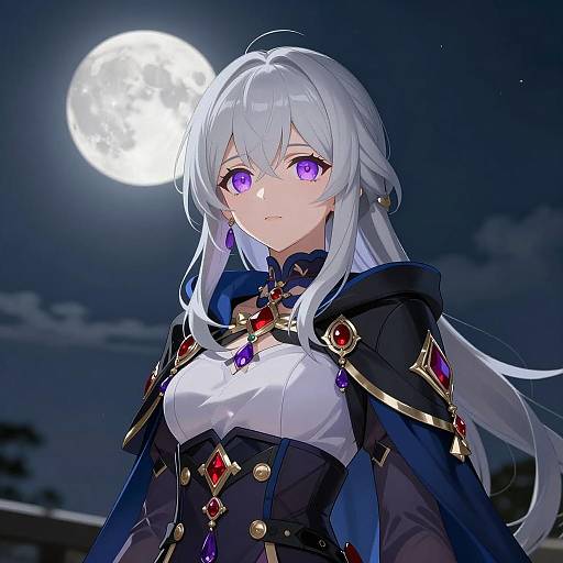 Elegant Anime Portrait Under a Full Moon