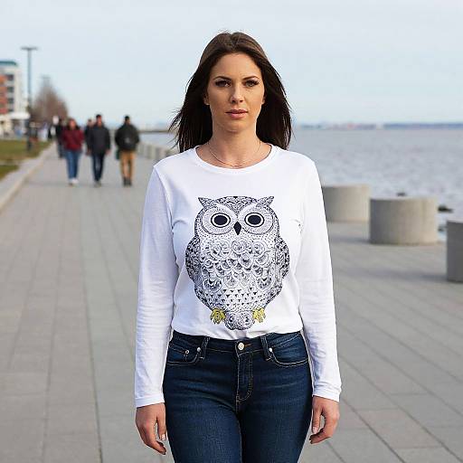 Photograph of a woman with medium-length dark brown hair, wearing a white long-sleeve shirt with a black owl graphic, and dark blue jeans
