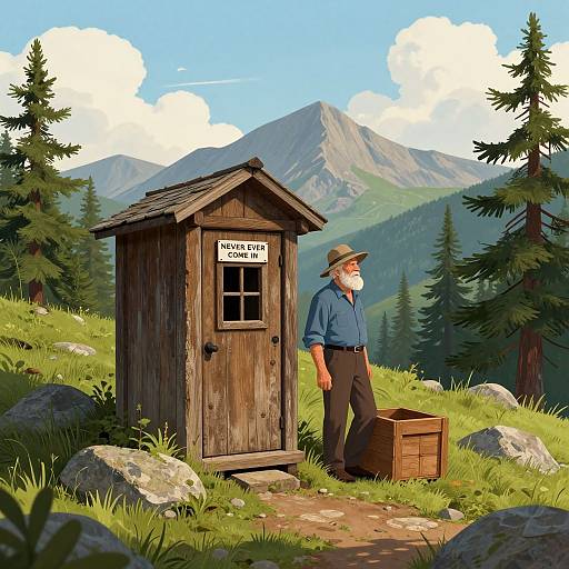 Digital illustration of an elderly man in blue shirt and hat, standing beside a wooden outhouse with 