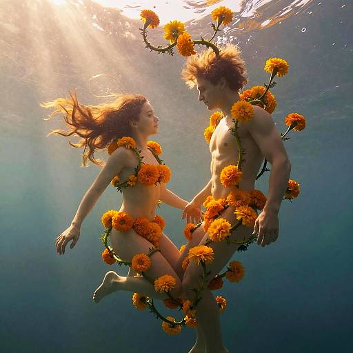 Photograph of a nude, fair-skinned couple underwater, surrounded by marigold flowers, gazing at each other with sunlight filtering from above.