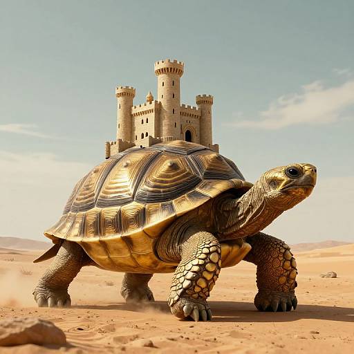 Digital artwork of a large, golden-tinted tortoise with intricate patterns, standing in a desert with a medieval castle in the background. Bright blue