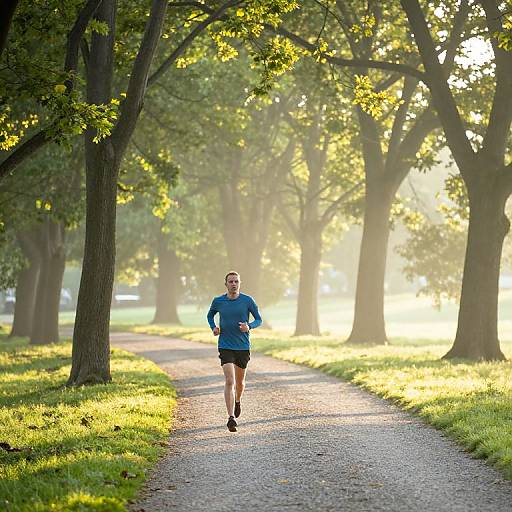 Photograph of a man jogging on a sunlit, tree-lined gravel path in a park, wearing a blue long-sleeve shirt and black shorts