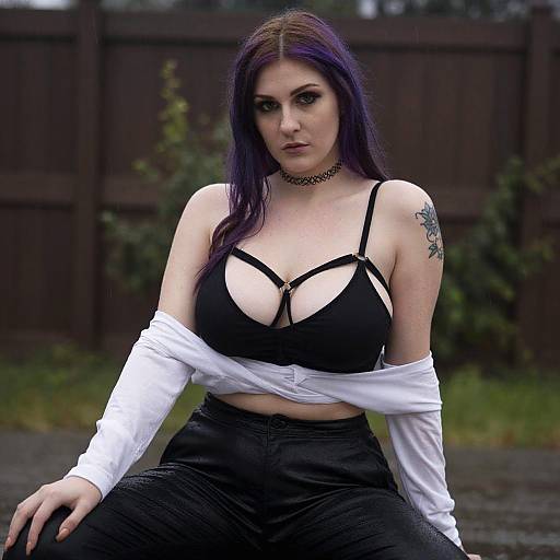 Curvy Woman in Rain with Purple Hair