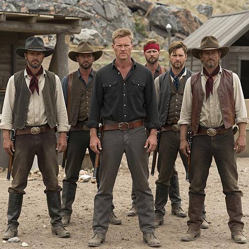 Intense Western Film Scene with Six Men