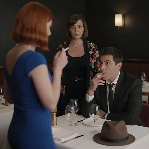 Three people in dimly lit restaurant smoking