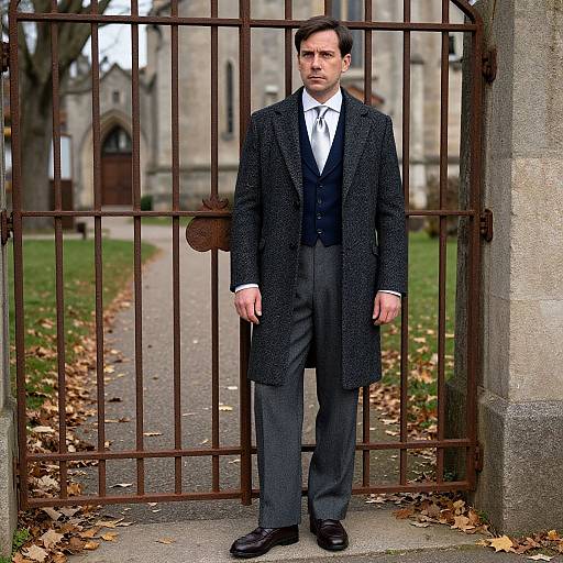 Photograph of a serious, Caucasian man in a black wool overcoat, grey suit, white shirt, and black tie, standing in front of an