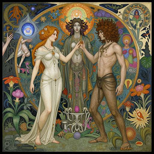Vibrant, surreal Art Nouveau-style illustration: Red-haired woman in white dress, shirtless curly-haired man in loincloth, mystical central