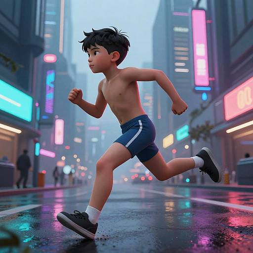 CGI image of a shirtless, young boy with black hair, running in neon-lit, rainy city street, wearing blue shorts and black sneakers