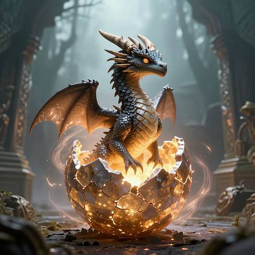 Digital artwork of a blue, fiery dragon with glowing eyes, emerging from a crackling, burning egg in a misty, ancient temple.
