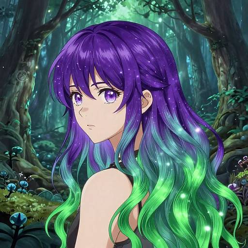 Digital anime drawing of a purple-haired, green-to-blue gradient girl with large violet eyes, in a mystical forest with glowing mushrooms.