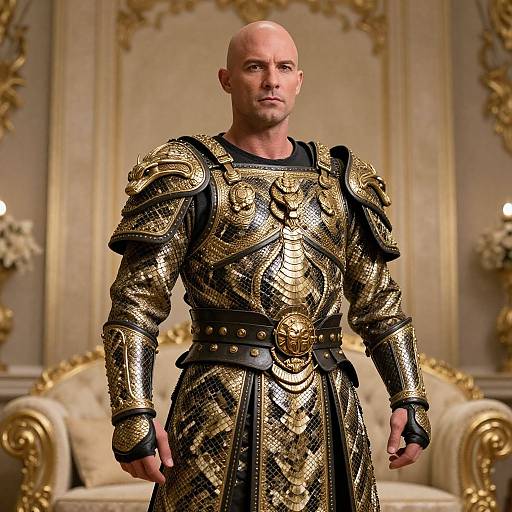 Bald, muscular man in elaborate, gold-embossed medieval armor stands in an opulent, baroque-style room with ornate golden decorations.