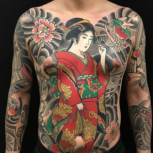 Tattooed shirtless male torso with intricate Japanese-style tattoo of a traditional geisha in a red kimono, surrounded by flowers and waves.