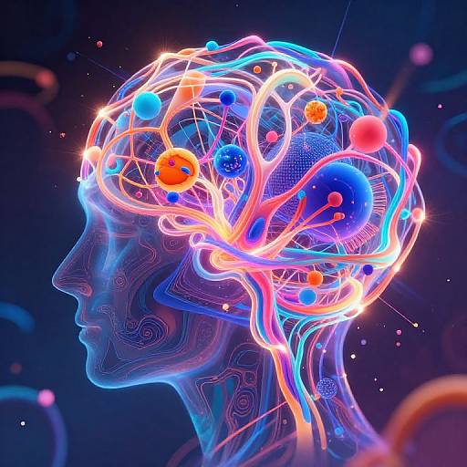 Digital art of a glowing blue and neon-colored brain with vibrant red, orange, and blue spheres, set against a dark, starry background in profile