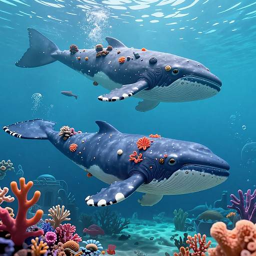 Digital artwork of two blue-gray whales adorned with orange sea anemones and coral, swimming in a vibrant underwater ocean scene.