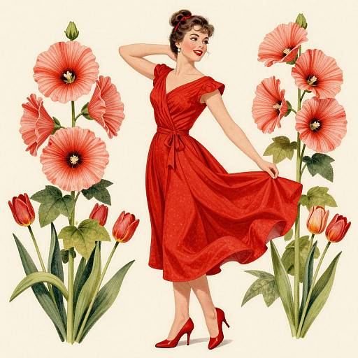 Vintage illustration of a red-haired woman in a flowing red dress and heels, standing among large pink flowers and tulips.