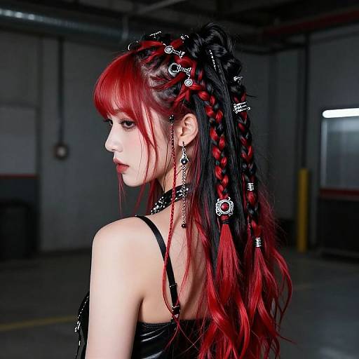 Photograph of a pale-skinned woman with red-black braided hair, wearing a black choker and earrings, in a dimly lit industrial garage