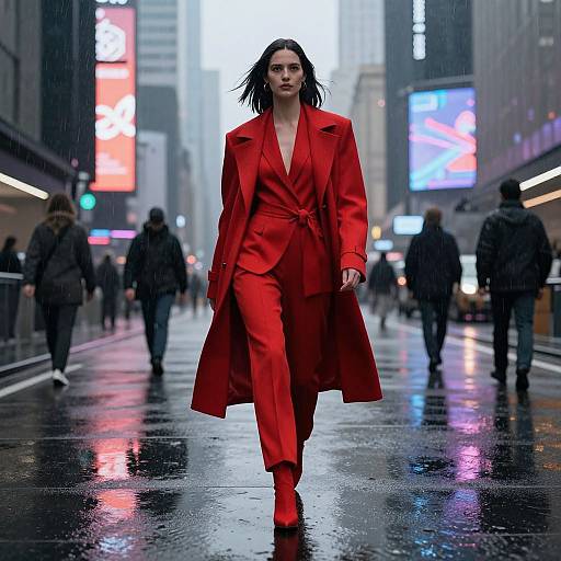 Photograph of a confident woman in a vibrant red, long-coat suit and matching boots, striding through a rain-soaked, urban street with