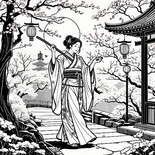 Art Nouveau Samurai in Japanese Garden