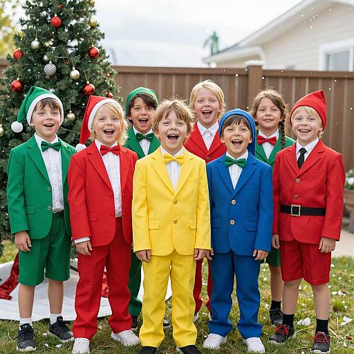 Photograph of seven smiling children in colorful Christmas suits (red, green, yellow, blue, and Santa hats) standing in front of a decorated Christmas