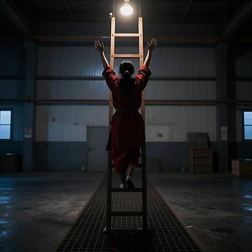 Person Climbing Ladder in Warehouse