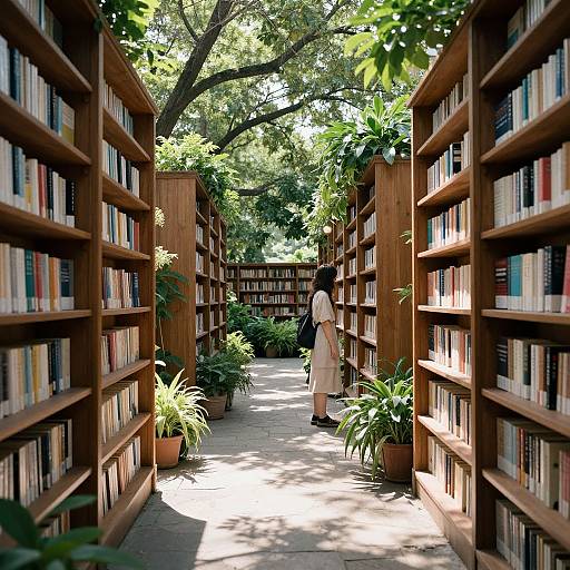 Photograph of a serene library aisle, sunlit, with a woman in a white dress walking between tall wooden bookshelves, potted plants lining