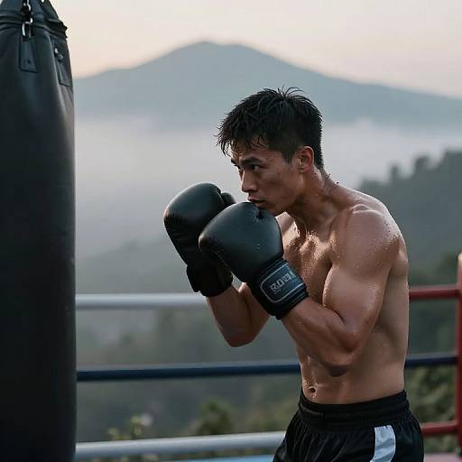 Photograph of a muscular, shirtless Asian man in black boxing gloves and shorts, punching a heavy bag outdoors with misty mountains and greenery in