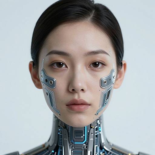 Photograph of an Asian woman with black hair, cybernetic facial implants, and a high-tech neck collar against a white background.