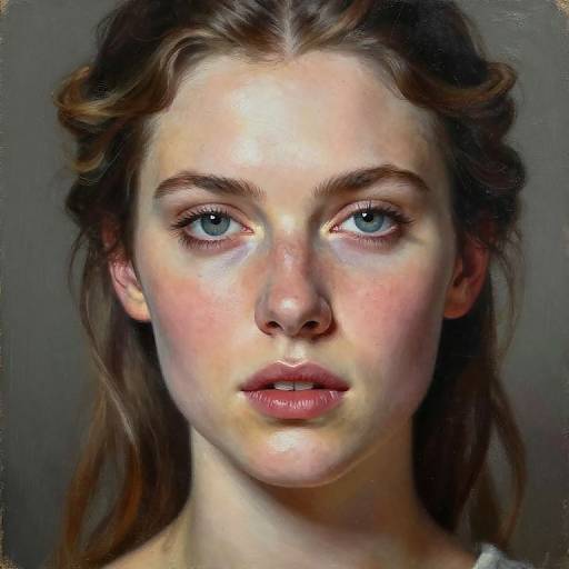 Hyper-realistic digital portrait of a young woman with fair skin, blue eyes, brown hair, and freckles, looking directly at the camera.