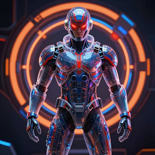 Photorealistic CGI of a metallic, red-eyed, silver and red robotic warrior standing against a glowing, circular neon blue and orange background.