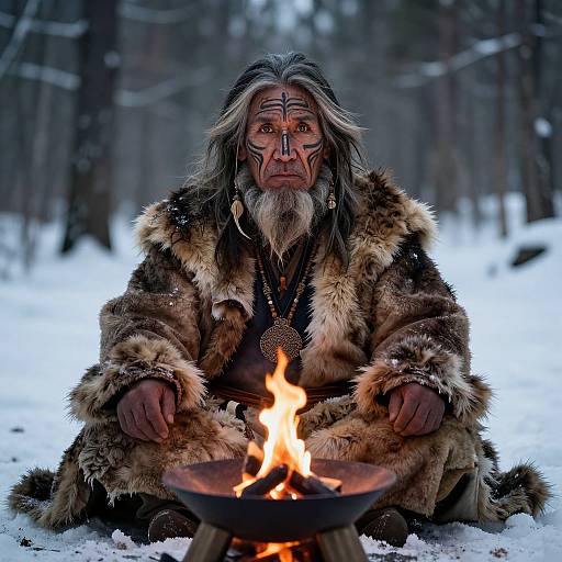 Photograph of an elderly Native American man with long gray hair, fur-lined coat, and tribal face paint, sitting by a campfire in a snowy