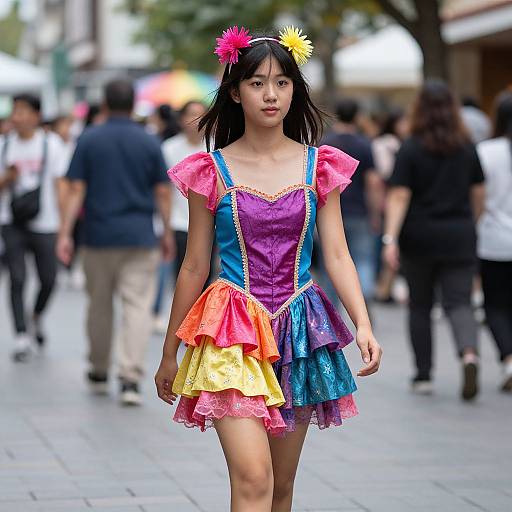 Photograph of an Asian woman in a colorful, ruffled, layered dress with pink, purple, blue, and yellow hues, wearing a flower head