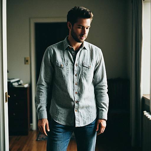 Man Wearing Linen Button-Down Shirt